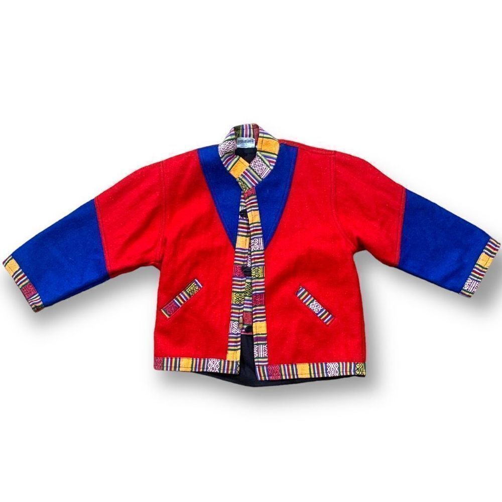 Vintage Educate The Children Jacket Red Blue Wool Colorful‎ Nepal Folk Art